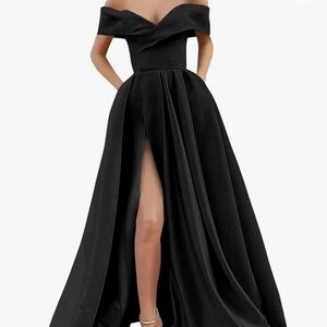 Formal Black Satin Pleated Off-The-Shoulder Dress With High Slit and Corset back